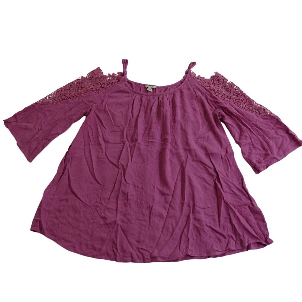 Cato Pink Cold Shoulder Crinkle Top Shirt Women Size M Crochet Accent 3/4 Sleeve